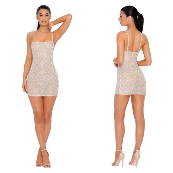 NWT Oh Polly Shimmer And Shake Embellished Lattice Mini Dress in Nude - Picture 1 of 8